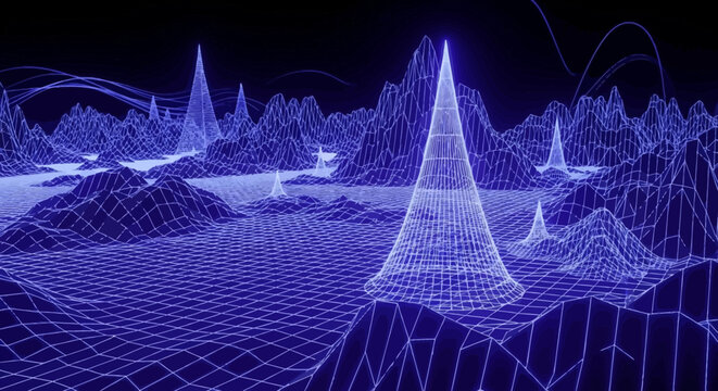 Futuristic Digital Wireframe Landscape with Glowing Cones and Grid Terrain