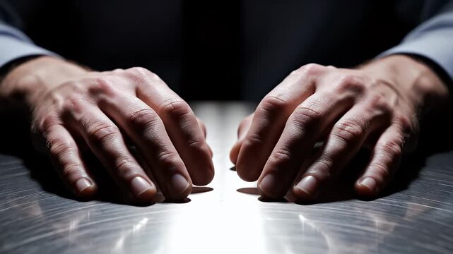 Extreme Close Up Of Sweating Trembling Hands Resting On A Textured Table Under Dramatic Lighting Suggesting Anxiety Stress Or Guilt