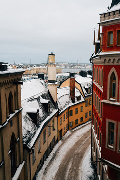 Snowy steet in historic in the S&ouml;dermalm district