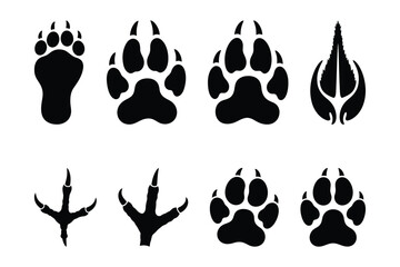 Fototapeta premium Set of diverse animal paw prints footprints bird tracks in black wildlife