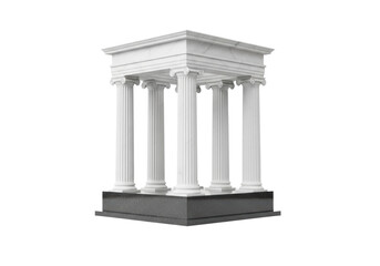 Obraz premium symmetrical fragment of a classical greek temple facade featuring four transparent fluted parian marble doric columns on a reflective dark charcoal granite base, infinite white void background.