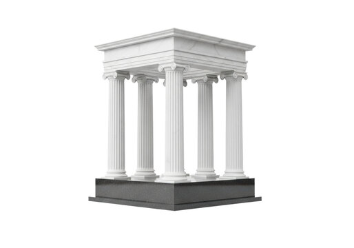 symmetrical fragment of a classical greek temple facade featuring four transparent fluted parian marble doric columns on a reflective dark charcoal granite base, infinite white void background.