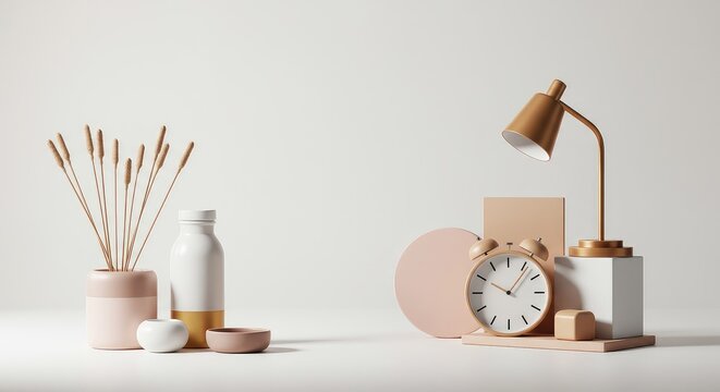 A bright studio setting showcasing a variety of simple household objects against a clean, softly lit white or off-white backdrop ,empty ,abstract ,design