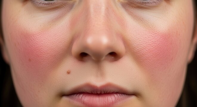 Detailed close-up capture of human facial skin with prominent flushed cheeks showing a reaction