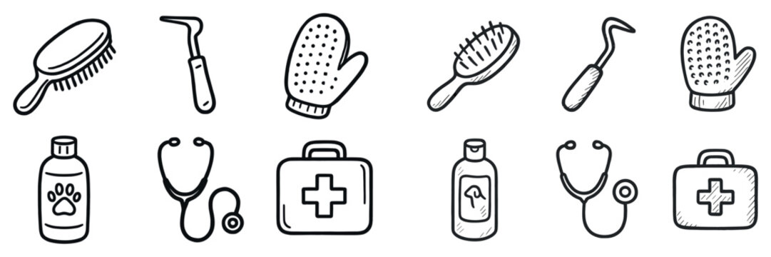 Veterinary icons with brush stethoscope kit outline minimal