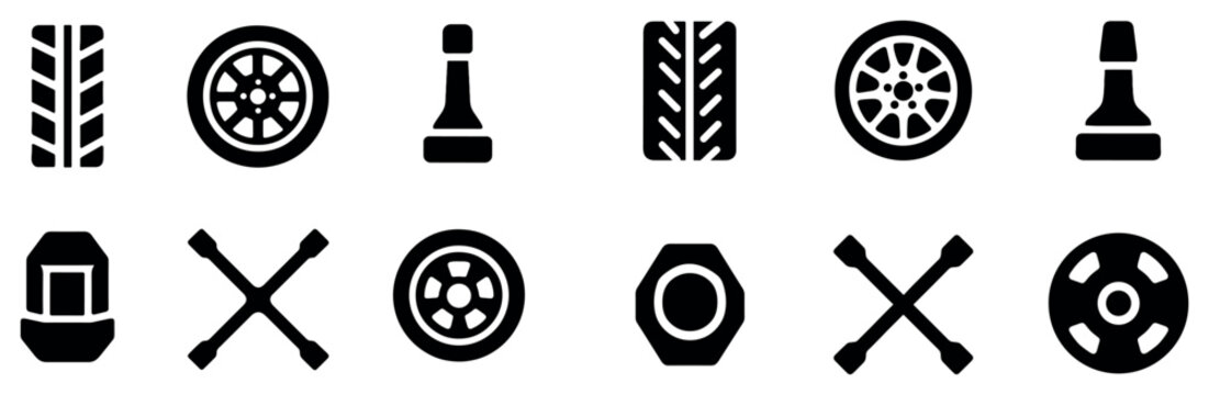 Automotive icons with wheel and wrench minimal