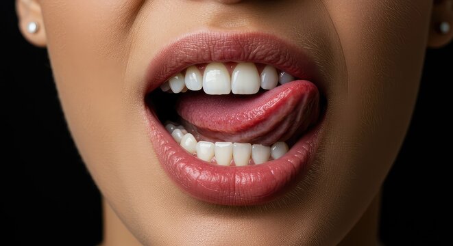 Close up of a mouth with the tongue sticking out, showing a playful or silly facial expression against a plain background in studio light ,comic ,oral ,emotion