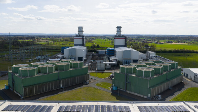 Aerial view of the Trianel Gaskraftwerk Hamm GmbH Co. KG gas power plant with cooling towers and chimneys in Hamm, Nordrhein-Westfalen, Germany.