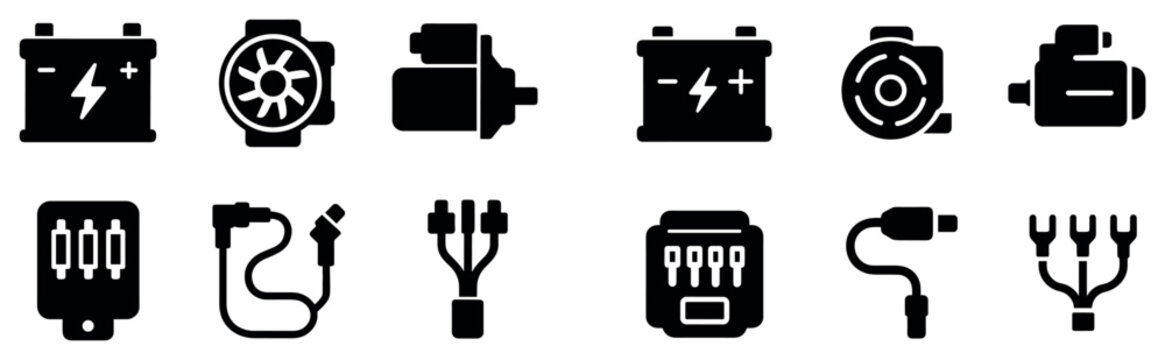 Automotive icons with battery cable motor bold
