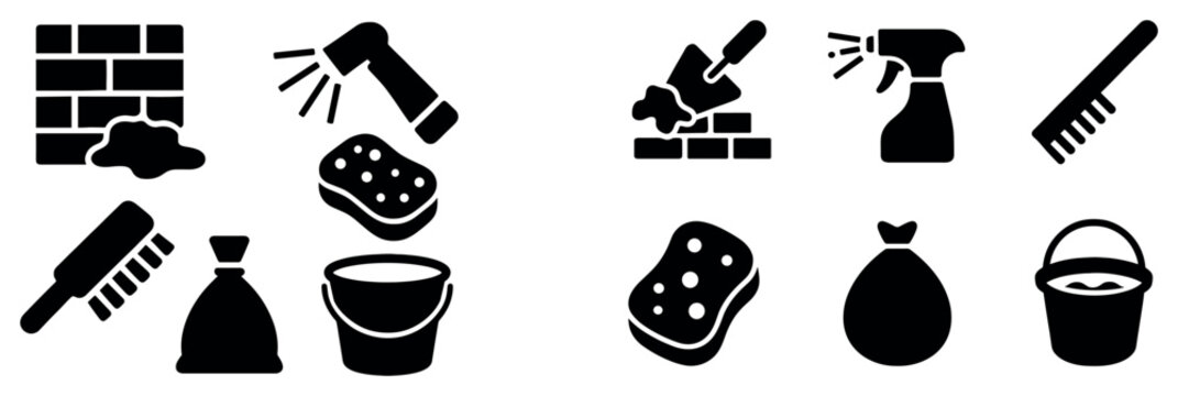Cleaning icons with sponge brush bucket glyph