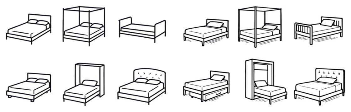 Bedroom icons with bed canopy frame outline