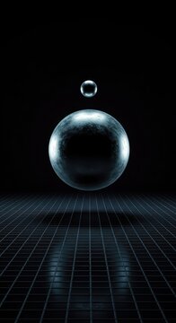 Floating metallic sphere suspended above a grid, representing a zone of zero gravity or nullification ,glow ,weightlessness ,sphere