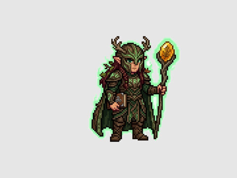 pixel art of a bearded elf warden wearing runic carved armor and holding a staff with a glowing amber.