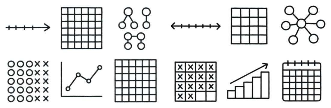 Data icons with grid arrow nodes outline