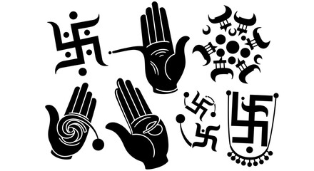 Obraz premium Indian Spiritual Symbols Set - Swastika and Mudra Hand Icons
