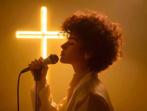 Praise singer on stage with a shining cross, a religious and spiritual scene
