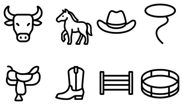 Western icons with bull horse hat outline