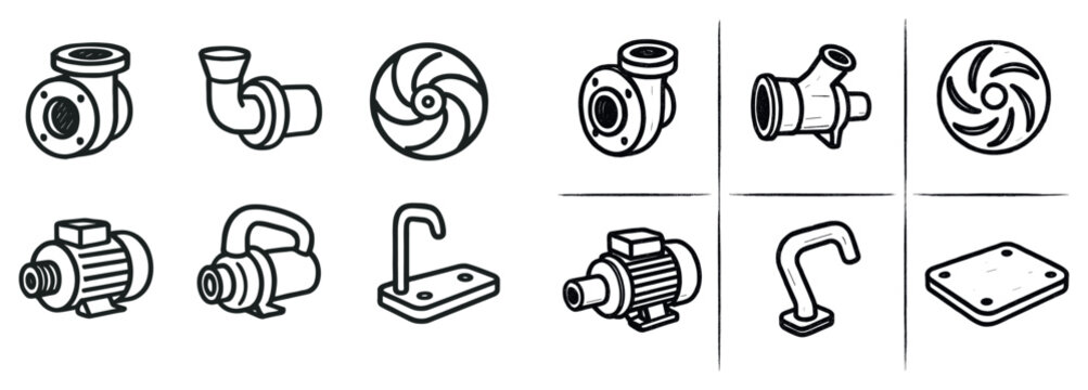 Industrial icons with pump motor impeller outline