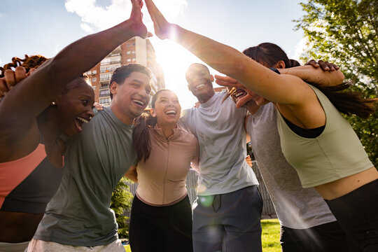 Multiethnic friends enjoying an outdoor workout session
