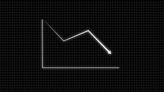 Modern colorful glowing line graph showing a downward and upward trend on a black background. Minimal financial chart concept representing market decline, loss, crisis, or negative growth.