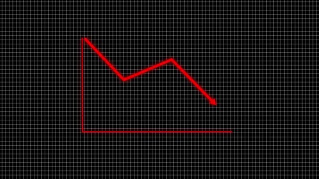 Modern colorful glowing line graph showing a downward and upward trend on a black background. Minimal financial chart concept representing market decline, loss, crisis, or negative growth.