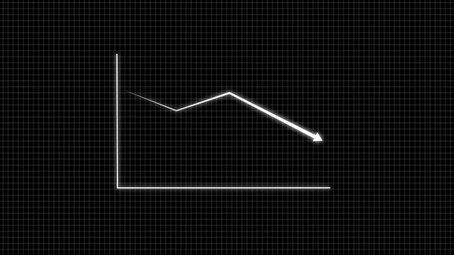 Modern colorful glowing line graph showing a downward and upward trend on a black background. Minimal financial chart concept representing market decline, loss, crisis, or negative growth.