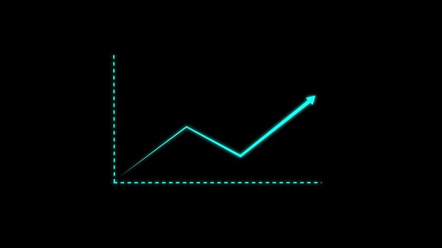 Modern colorful glowing line graph showing a downward and upward trend on a black background. Minimal financial chart concept representing market decline, loss, crisis, or negative growth.