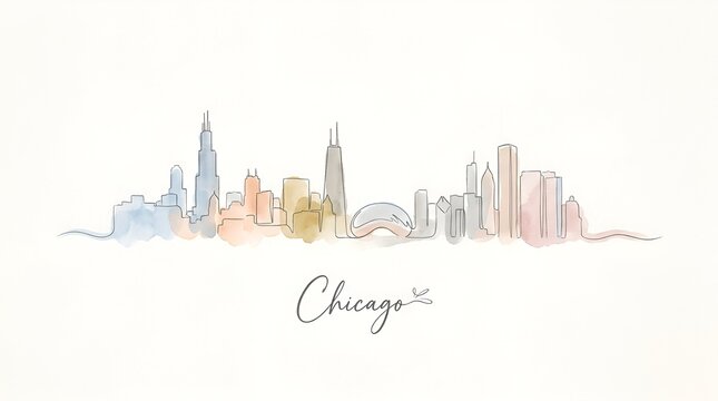 Delicate watercolor outline of the Chicago skyline capturing iconic skyscrapers and cityscape with artistic flair