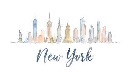 Fototapeta premium Stylized watercolor illustration of New York City skyline with iconic skyscrapers and vibrant cityscape design