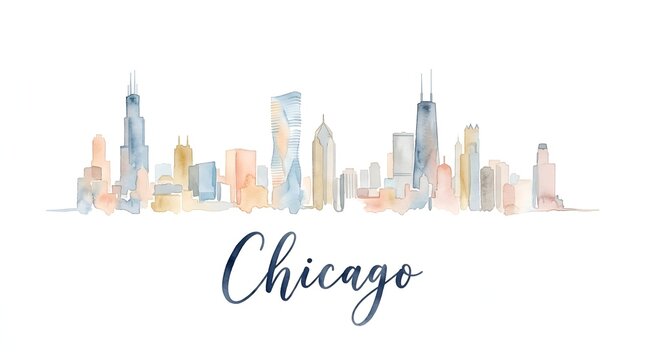 Elegant watercolor illustration of Chicago skyline featuring iconic skyscrapers and cityscape details capturing urban charm and