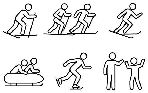 Winter sport icons with skier skates bobsled line