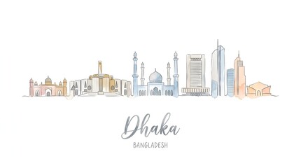 Obraz premium Minimalistic line art illustration of Dhaka skyline showcasing diverse architecture and iconic landmarks of Bangladesh's capital