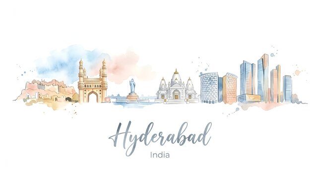 Elegant watercolor illustration of Hyderabad?s iconic architecture and modern skyline showcasing historic monuments and