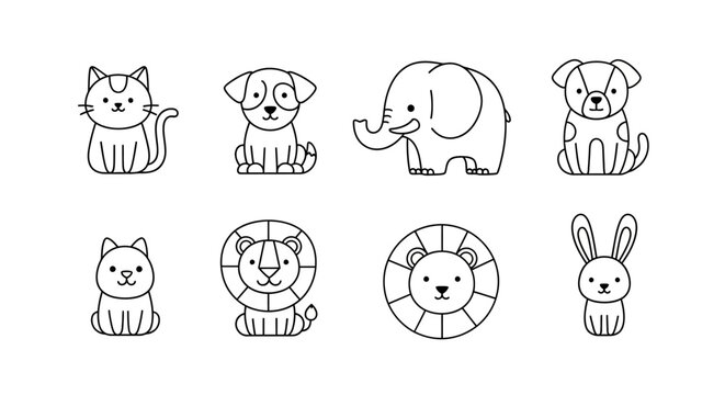 Cartoon Animals Line Drawings.