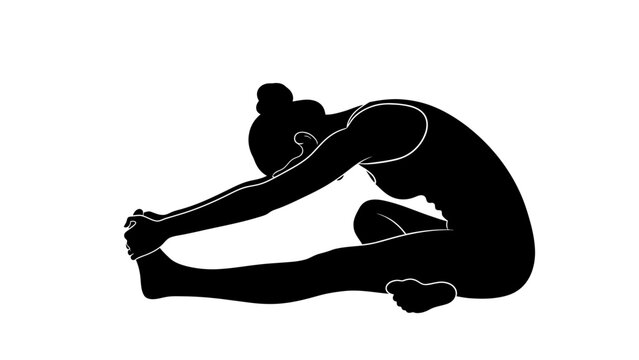 Silhouette of Woman Doing Janu Sirsasana Yoga Pose, Flexibility and Wellness Concept, Black and White Vector.