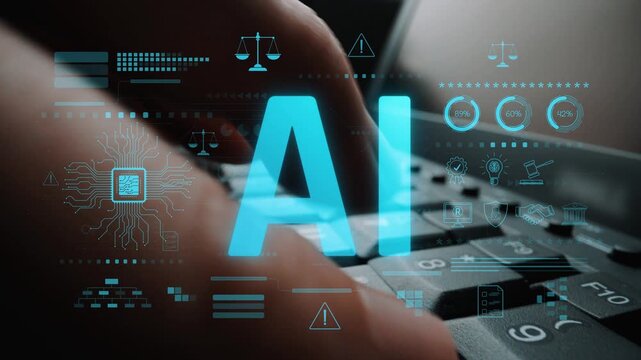 AI circuit microchip with glowing blue lines, surrounded by legal scales, warning symbols, data sheets, and binary codes, representing ethical AI, AI governance, and data integrity Marrow