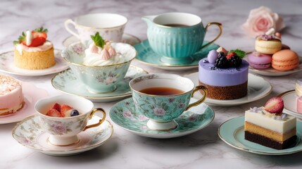 Fototapeta premium Elegant Afternoon Tea Set with Assorted Desserts and Pastries