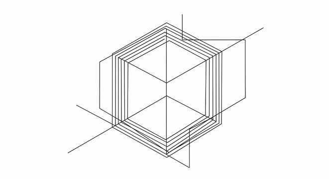 A minimalist isometric wireframe drawing of a cube with intersecting lines, representing abstract geometric structure and design.