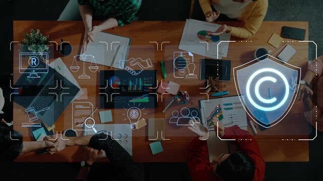 A diverse group of professionals engages in collaborative discussions around a wooden table, focusing on digital marketing strategies and copyright concepts with visuals. Raster
