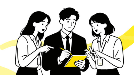 Fototapeta premium Minimalist flat vector illustration three business people in discussion around a tablet