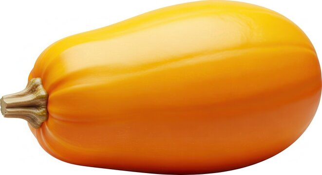 A vibrant yellow-orange spaghetti squash with a textured stem, isolated on a clean white background.
