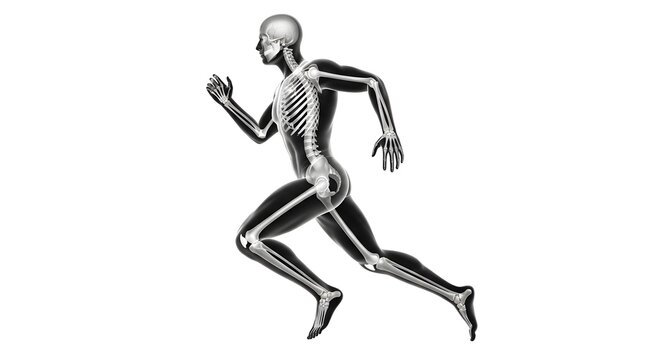 A black and white illustration of a human skeleton running with a minimalist design on a plain background.