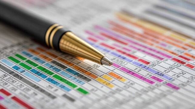 Close-Up of Pen on Colorful Financial Document with Charts