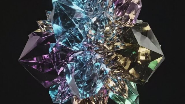Mesmerizing multi-faceted crystal formation with iridescent colors rotating on a dark background