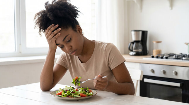 Young woman looks tired and unhappy at kitchen table, struggling to eat a healthy salad, reflecting diet challenges, emotional health, or low appetite