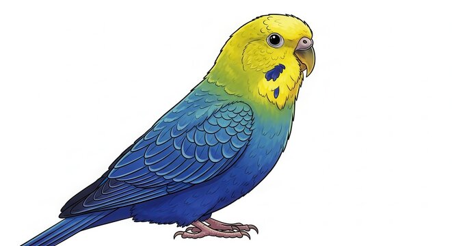 Vibrant yellow and blue parakeet illustration displaying striking plumage on a pure white canvas
