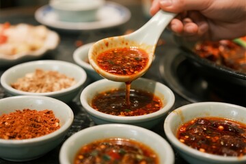 Obraz premium A hand pours spicy red sauce from a spoon into small bowls filled with various condiments and seasonings.
