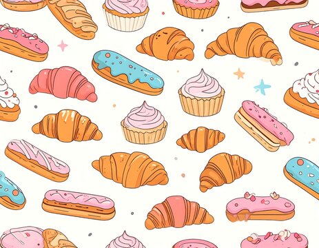 A seamless pattern of various pastries.  Colorful,  hand-drawn illustrations of eclairs, croissants, and cupcakes.  Sweet treats on a white background