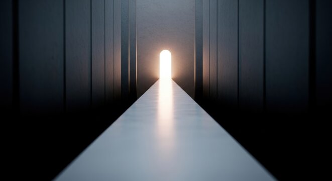 Bright light at the end of a dark corridor with white floor and vertical black walls creating a sense of hope and direction