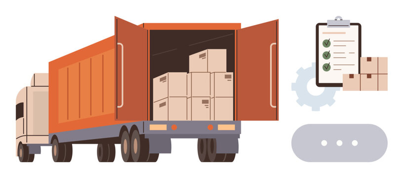 Logistics, supply chain, transportation, delivery management, inventory tracking, shipping process. A freight truck loaded with boxes, checklist gear icon. Logistics and supply chain concepts